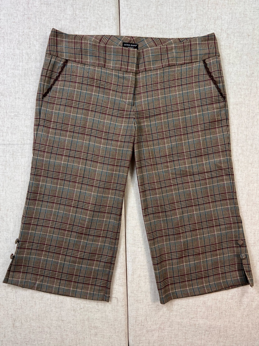 Vintage Guess Y2K Glen Plaid Capri Pants Low Rise Brown Dark Academia 12 YP2869